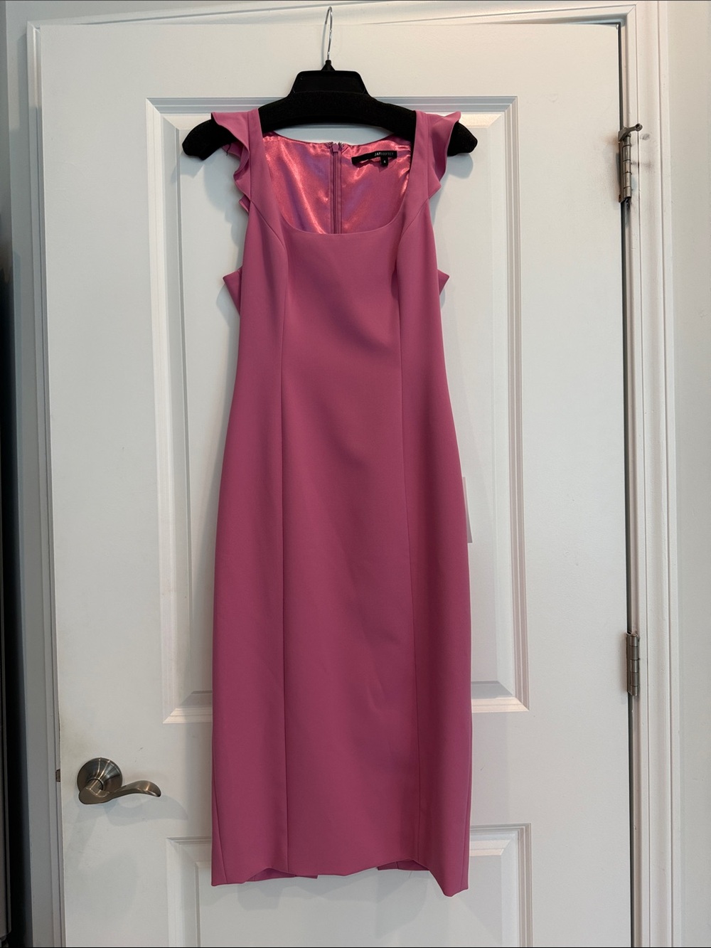 Jay Godfrey Pink Crepe Sheath Dress with a Square Neckline and Ruffle Sleeves